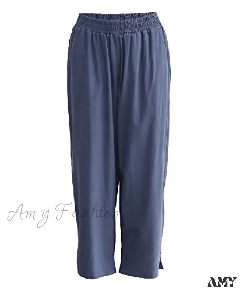 Amy Fashion - Womens Linen Capri Pants with Pockets Full Elastic Waistband Casual Pants