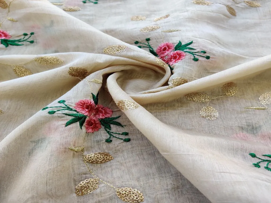 Beige Floral Sequins & Thread Embroidered Chanderi Fabric