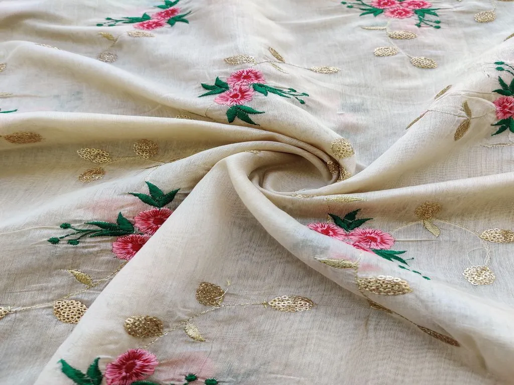 Beige Floral Sequins & Thread Embroidered Chanderi Fabric