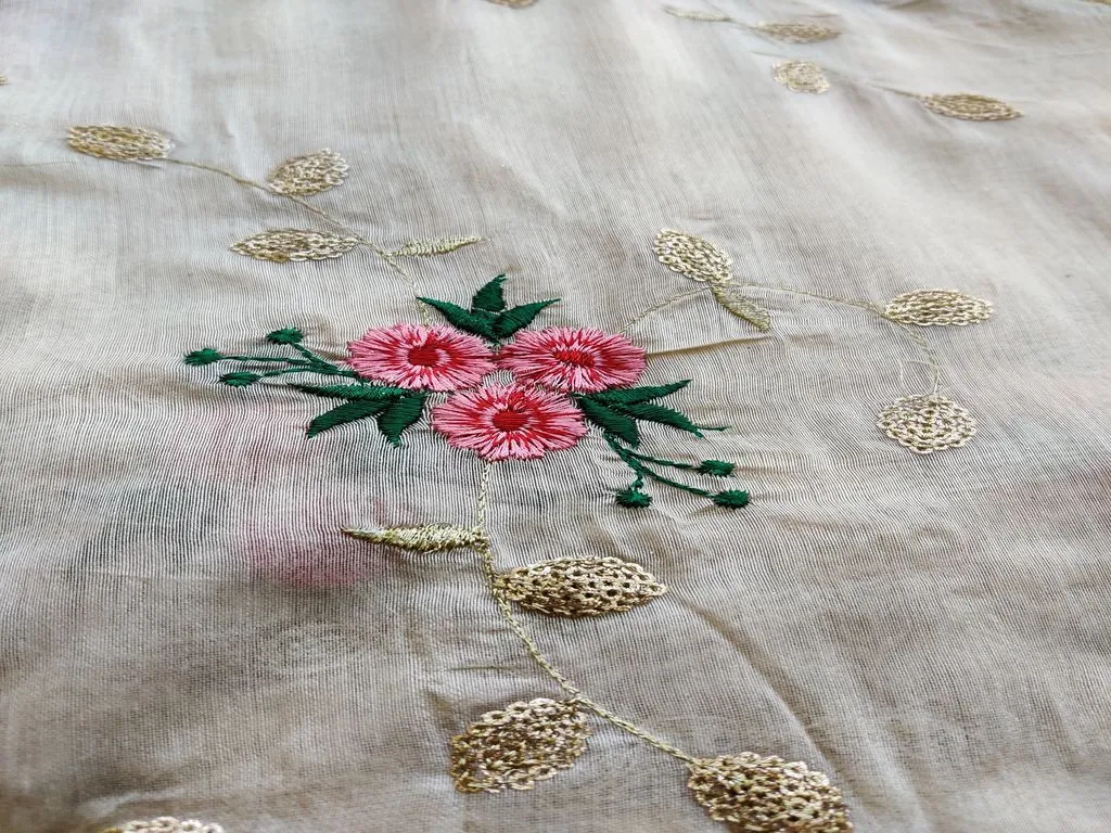 Beige Floral Sequins & Thread Embroidered Chanderi Fabric