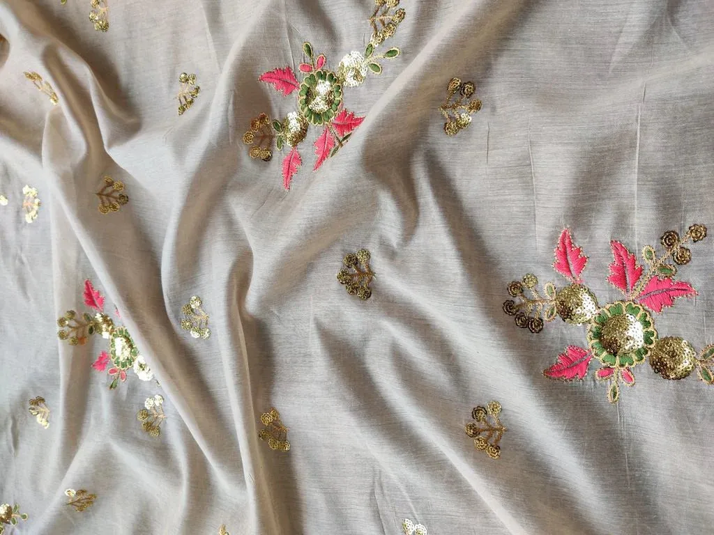 Beige Floral Sequins Embroidered Chanderi Silk Fabric (Wholesale)