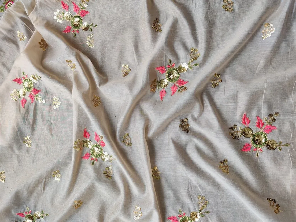 Beige Floral Sequins Embroidered Chanderi Silk Fabric (Wholesale)