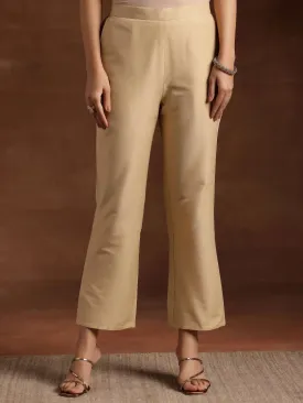 Beige Solid Silk Trousers