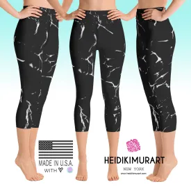 Black Marble Print Capri Leggings, Women's Yoga Capri Leggings Tights- Made in USA/EU