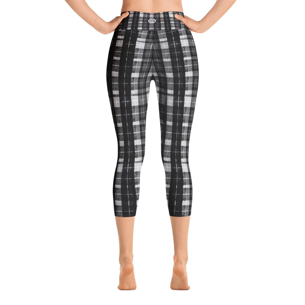 Black Plaid Yoga Capri Pants, Women's Capris Leggings Plus Size Available- Made In USA/EU