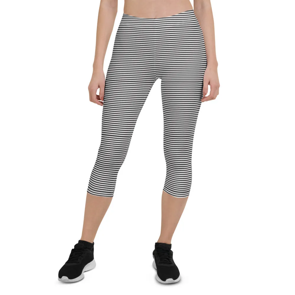 Black Striped Casual Capri Leggings, Designer Stripes Women's Capris Tights-Made in USA/EU