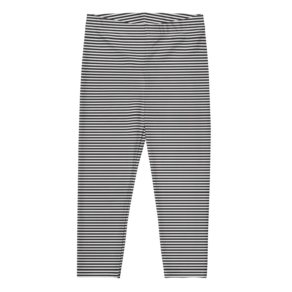 Black Striped Casual Capri Leggings, Designer Stripes Women's Capris Tights-Made in USA/EU