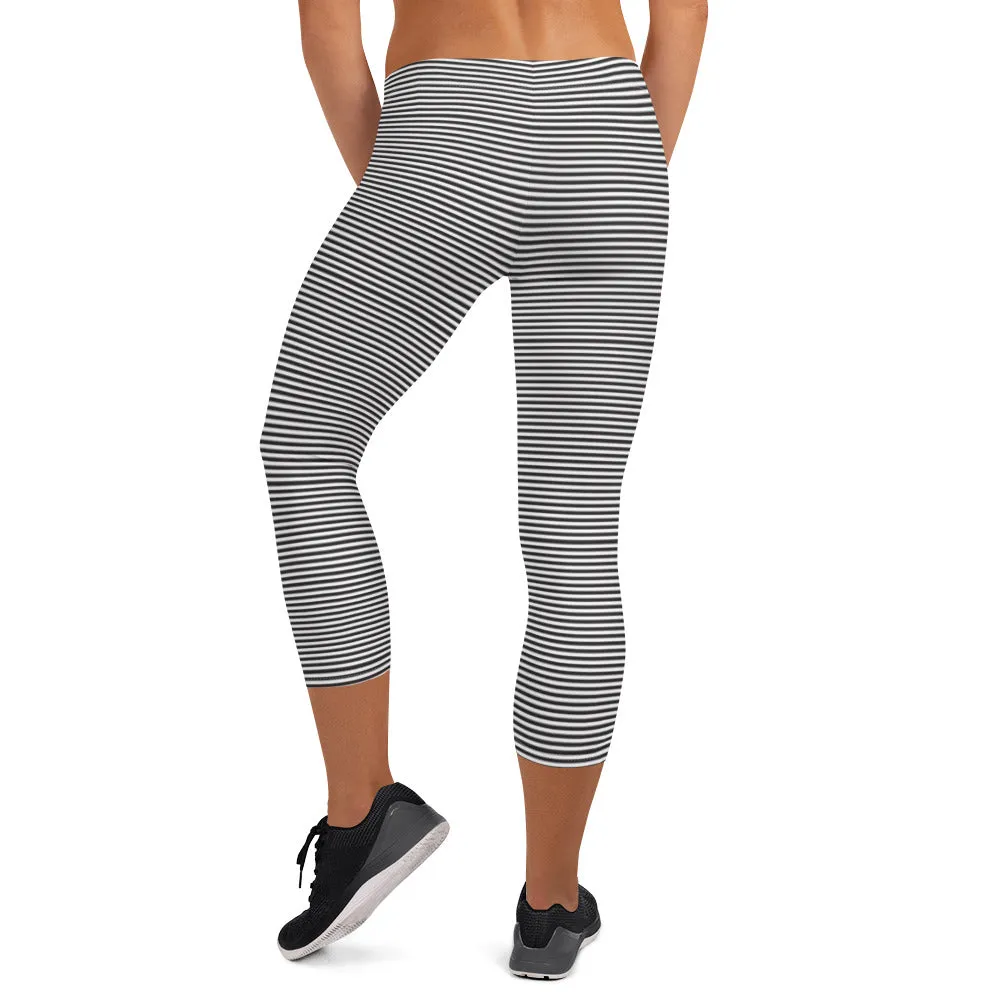 Black Striped Casual Capri Leggings, Designer Stripes Women's Capris Tights-Made in USA/EU