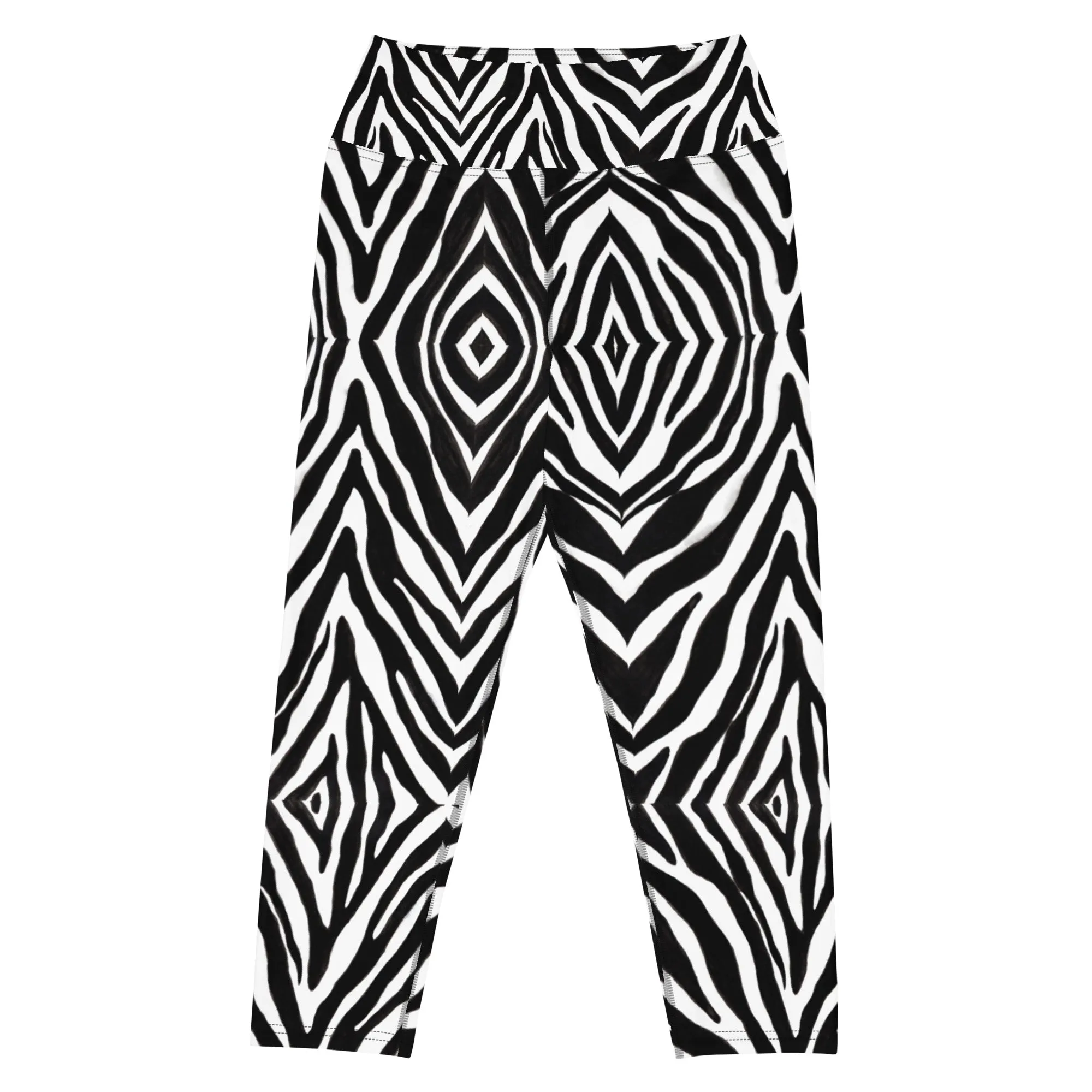 Black Zebra Yoga Capri Leggings, Zebra Stripes Animal Print Best Casual Capris Tights For Women-Made in USA/EU/MX