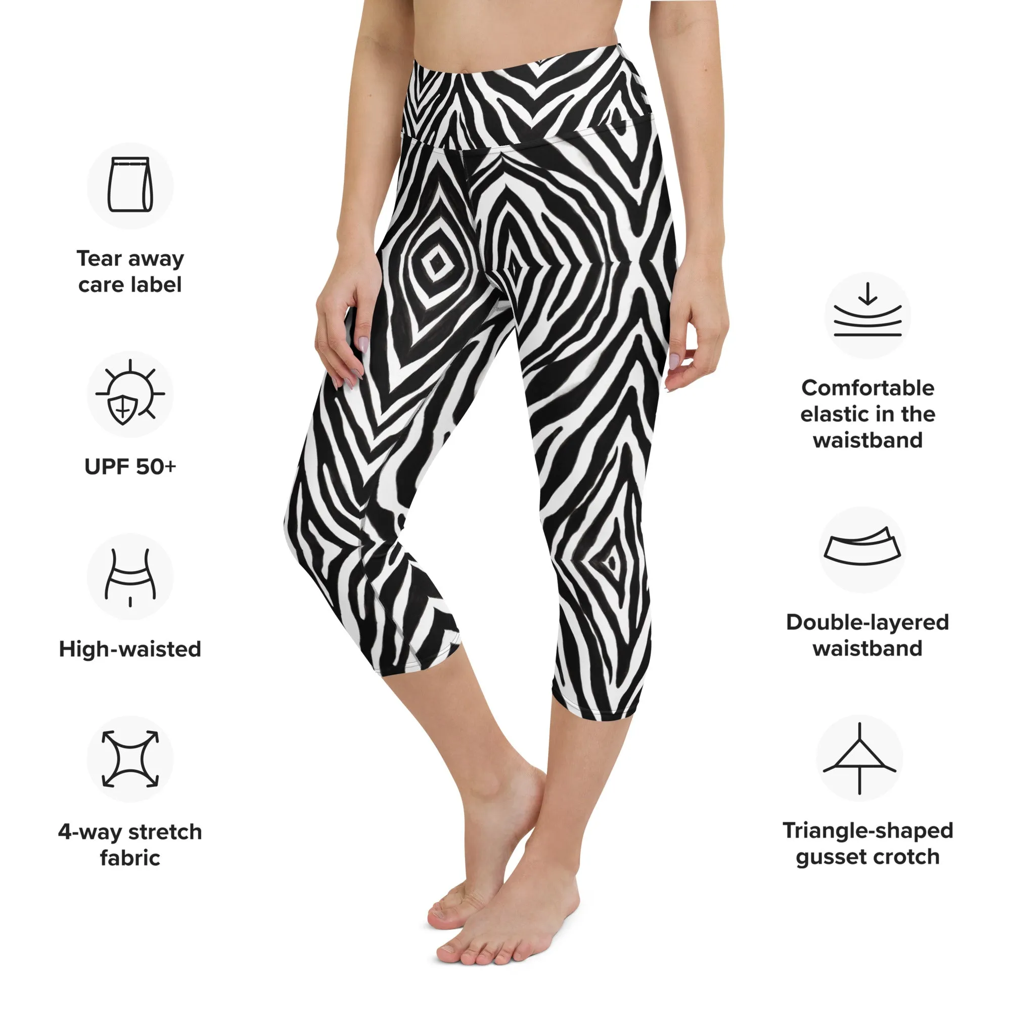 Black Zebra Yoga Capri Leggings, Zebra Stripes Animal Print Best Casual Capris Tights For Women-Made in USA/EU/MX