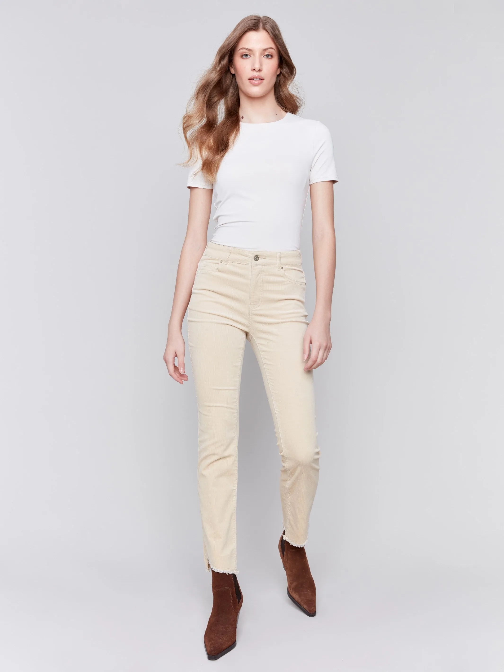 Bootcut Corduroy Pants with Asymmetrical Hem - Natural