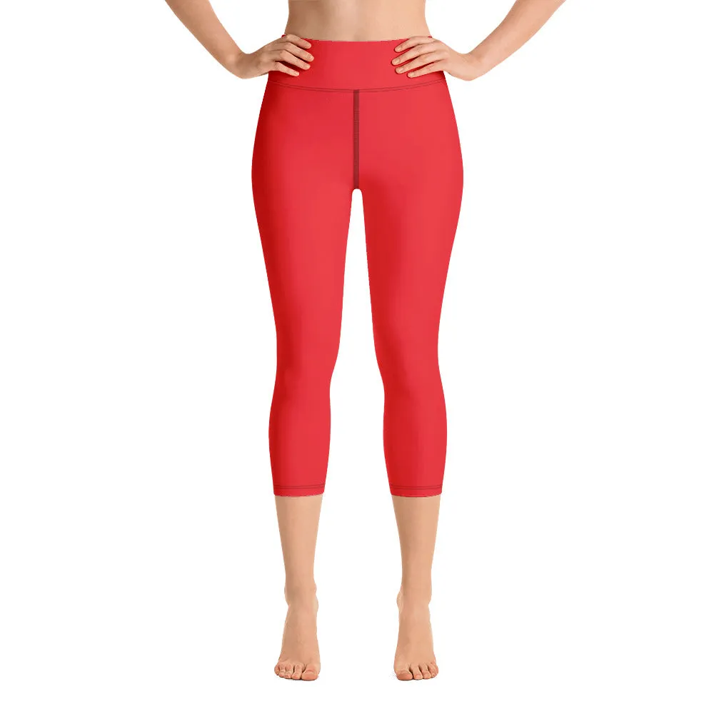 Bright Red Yoga Capri Leggings, Red Solid Color Women's Capris Tights-Made in USA/EU/MX