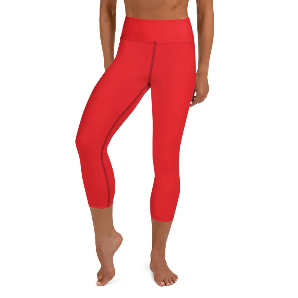 Bright Red Yoga Capri Leggings, Red Solid Color Women's Capris Tights-Made in USA/EU/MX