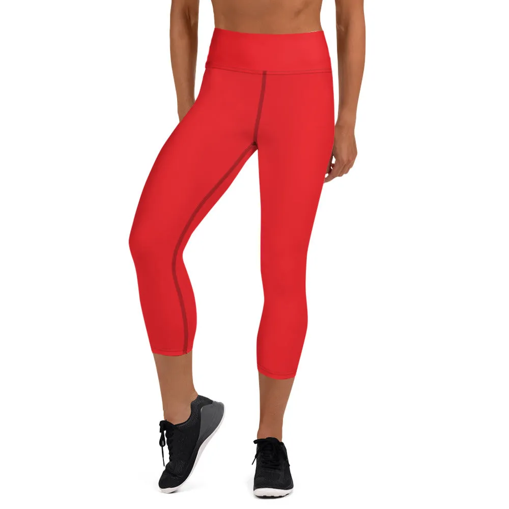 Bright Red Yoga Capri Leggings, Red Solid Color Women's Capris Tights-Made in USA/EU/MX