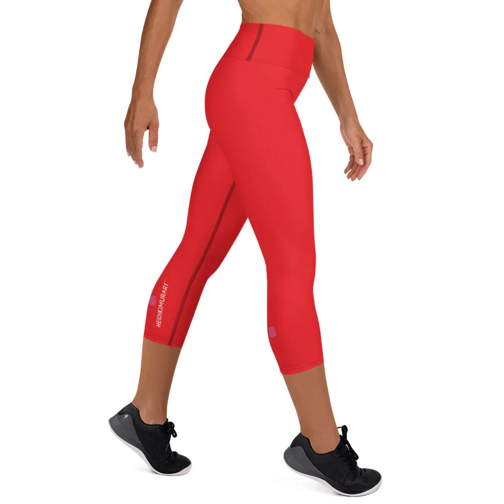 Bright Red Yoga Capri Leggings, Red Solid Color Women's Capris Tights-Made in USA/EU/MX