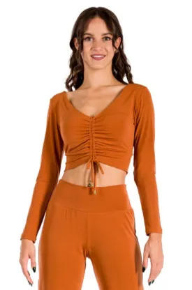 Bronze Orange Long Sleeve Crop Top With Center Gatherings