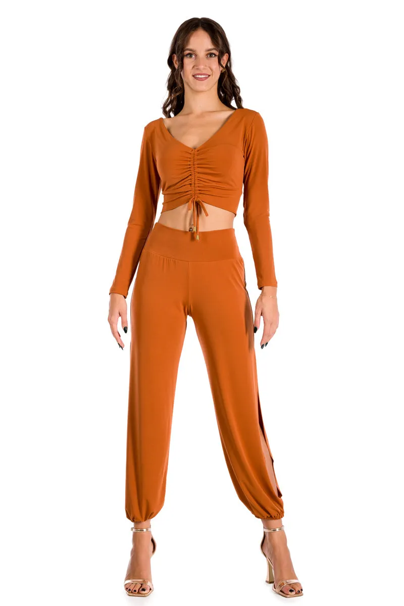 Bronze Orange Long Sleeve Crop Top With Center Gatherings