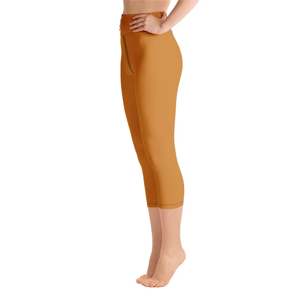 Brown Yoga Capri Leggings, Solid Brown Beige Color Women's Capris Tights-Made in USA/EU/MX