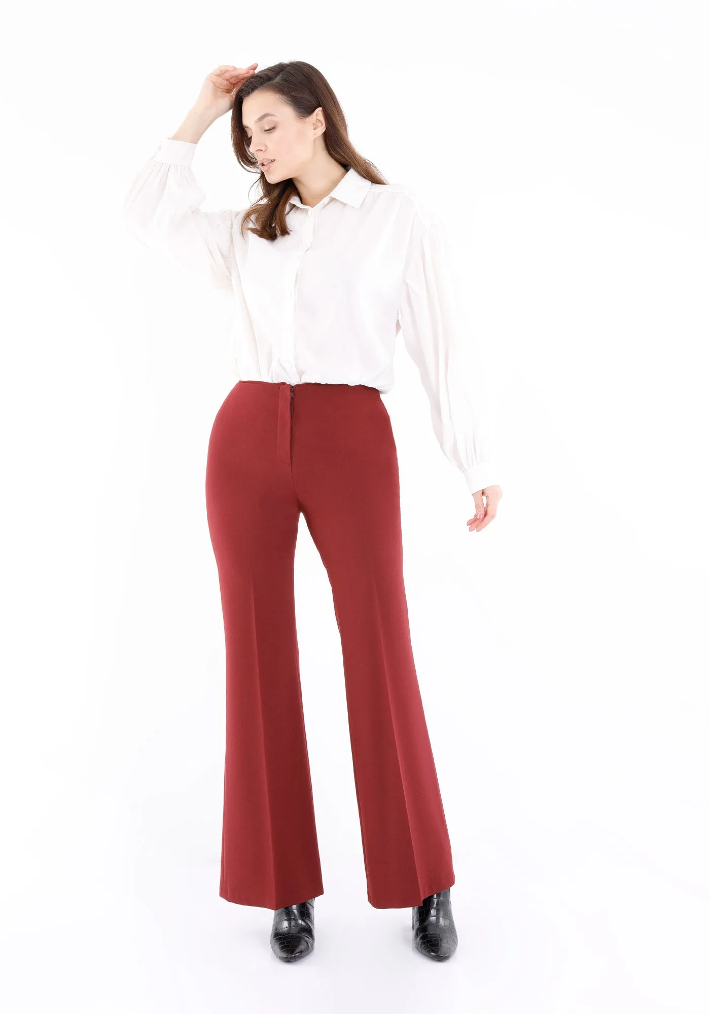 Burgundy Bootcut Pants - High Waisted Flare Trousers