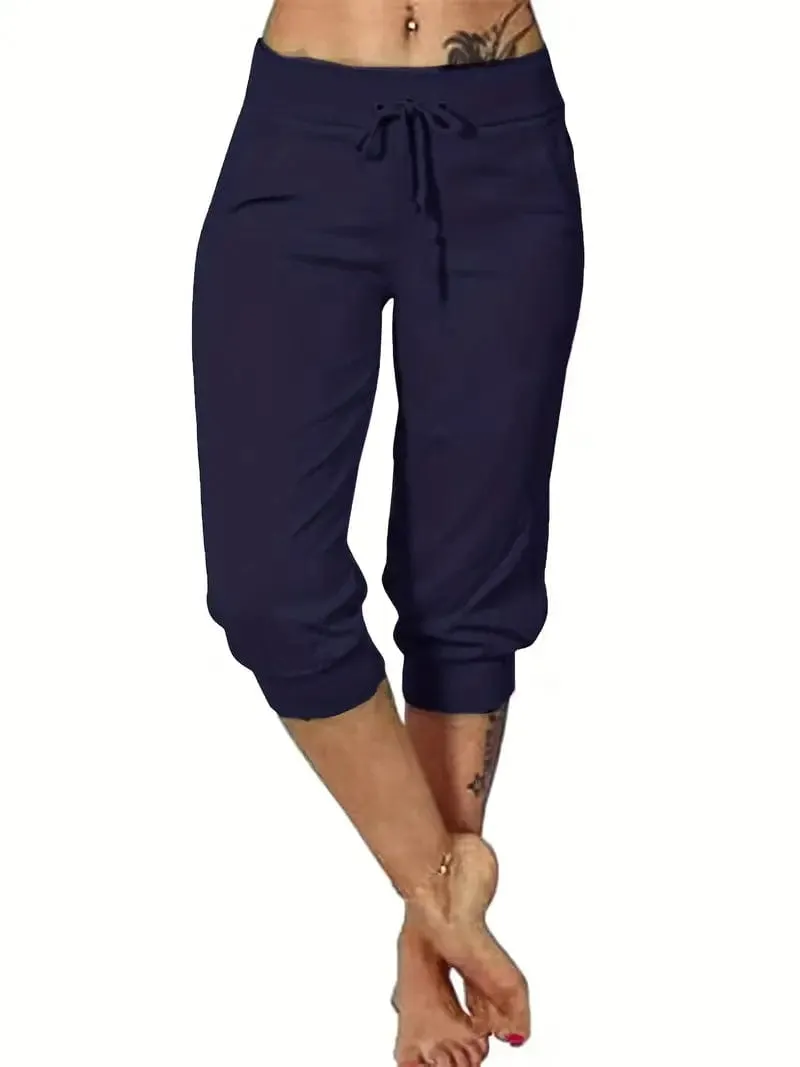 Capri Drawstring Pants with Pockets, Women's Casual Solid Trousers