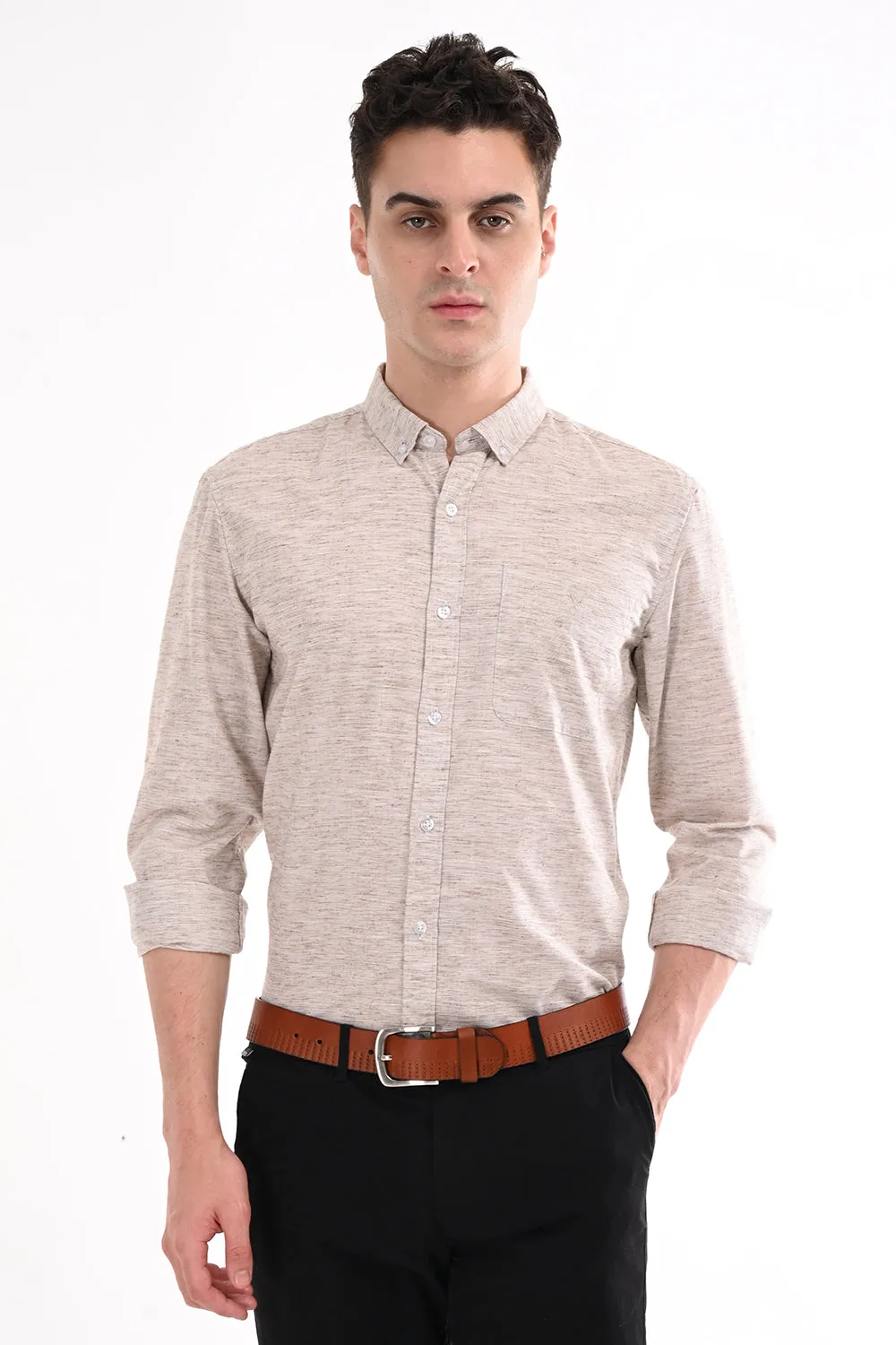 Dark Beige Lenin Semi Formal Shirt