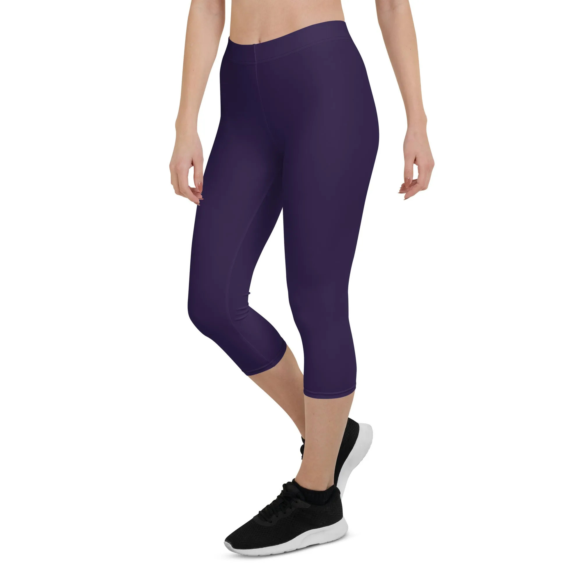 Dark Purple Solid Capri Leggings, Purple Dark Solid Color Premium Women's Capris Tights-Made in USA/EU/MX