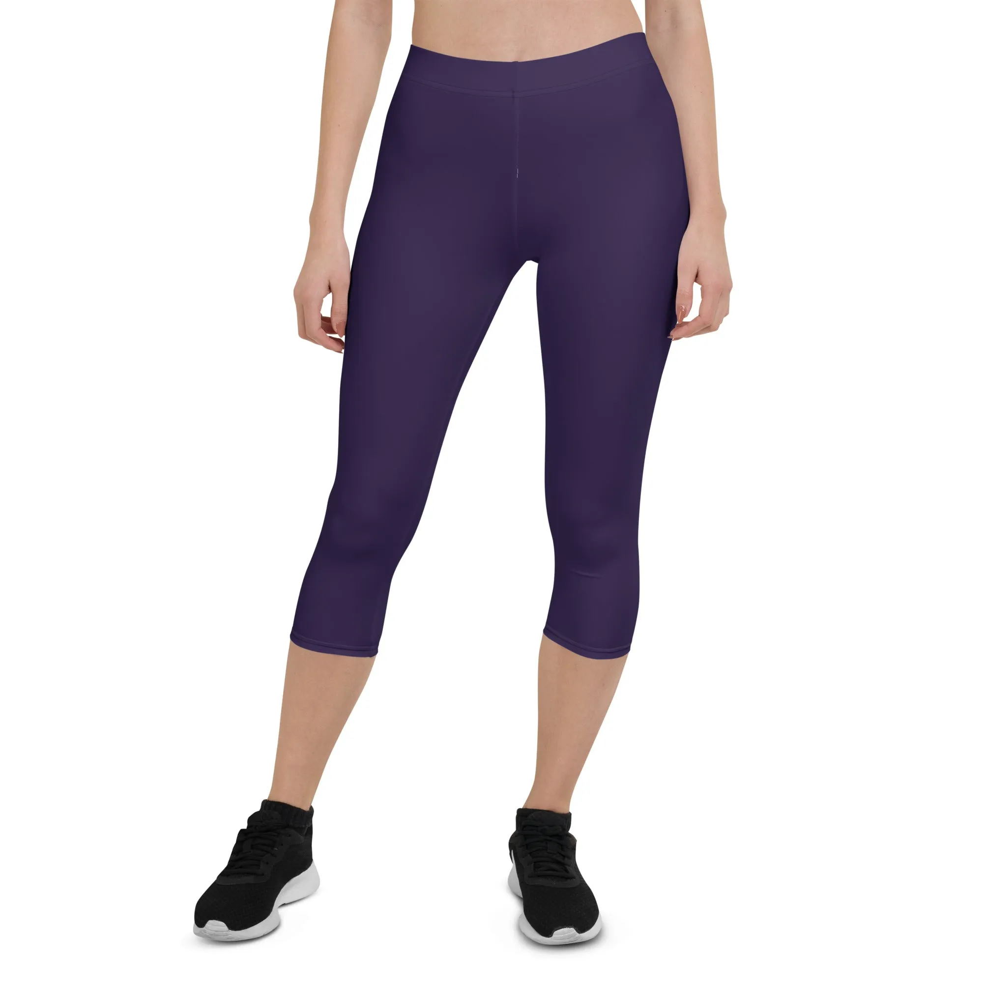 Dark Purple Solid Capri Leggings, Purple Dark Solid Color Premium Women's Capris Tights-Made in USA/EU/MX