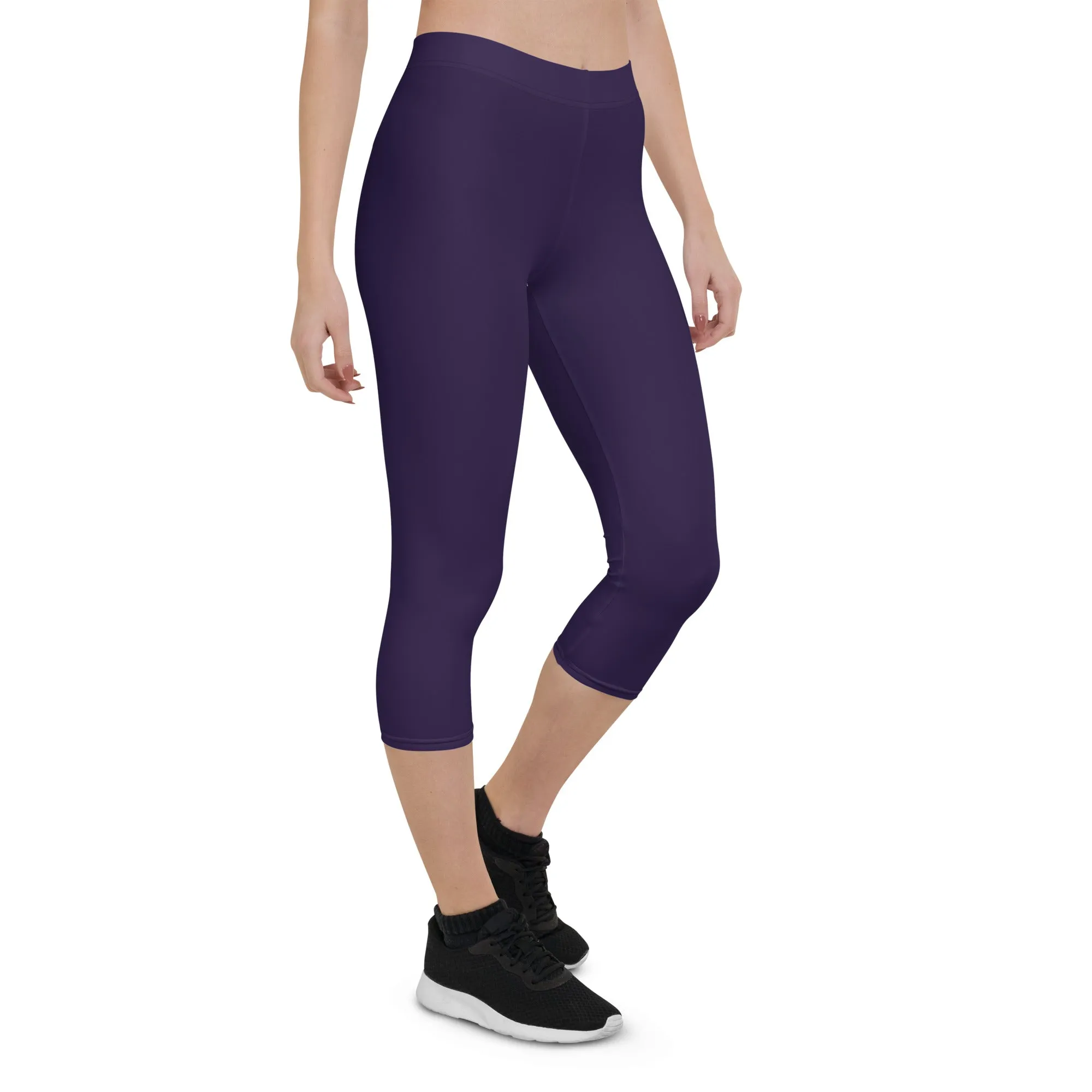 Dark Purple Solid Capri Leggings, Purple Dark Solid Color Premium Women's Capris Tights-Made in USA/EU/MX