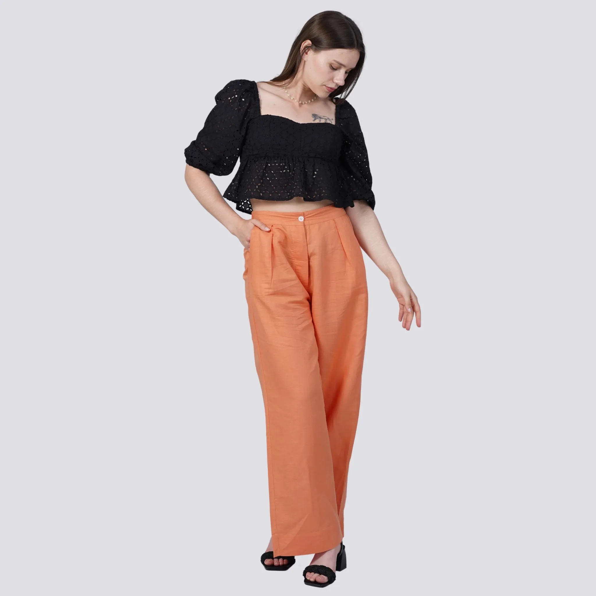 Embolden Your Look with Sustainable Luxury: Deep Saffron Wide Leg Linen Trousers