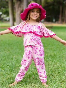 Girls Floral Off The Shoulder Ruffled Top with Pom Pom Trim And Side Ruched Capri Pant Set