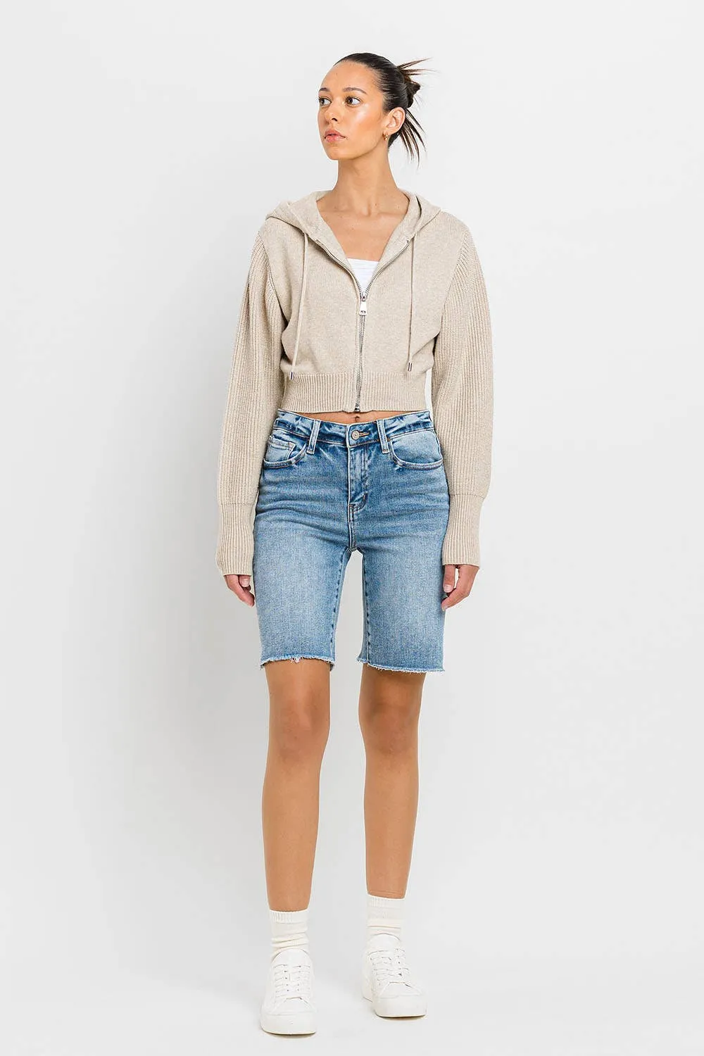 HIGH RISE RAW HEM BERMUDA SHORTS - Vervet