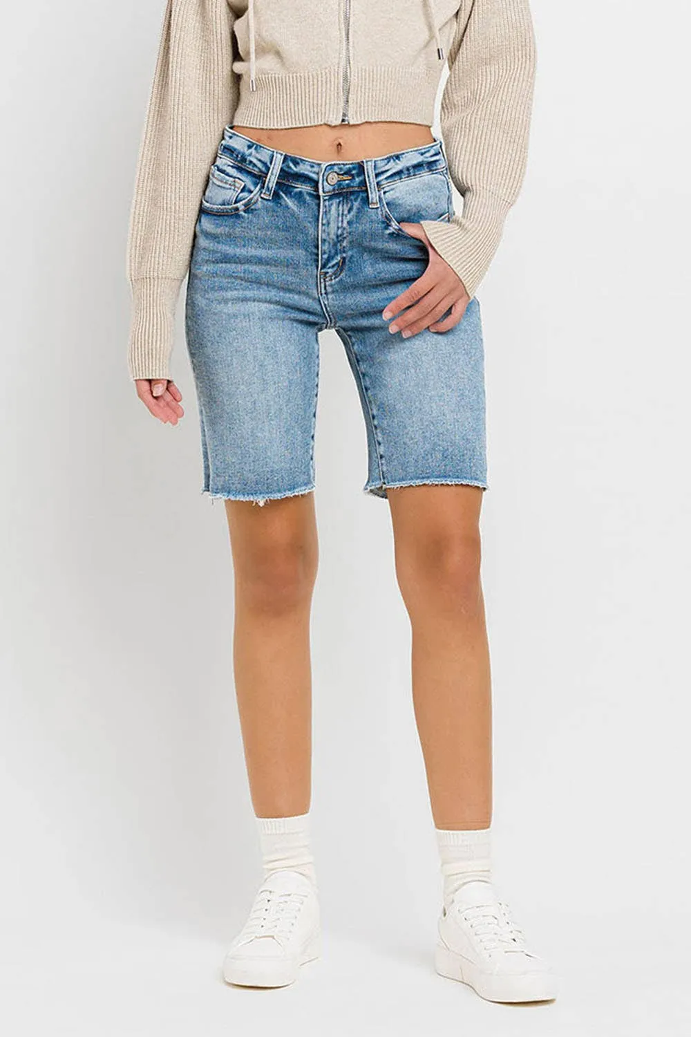 HIGH RISE RAW HEM BERMUDA SHORTS - Vervet