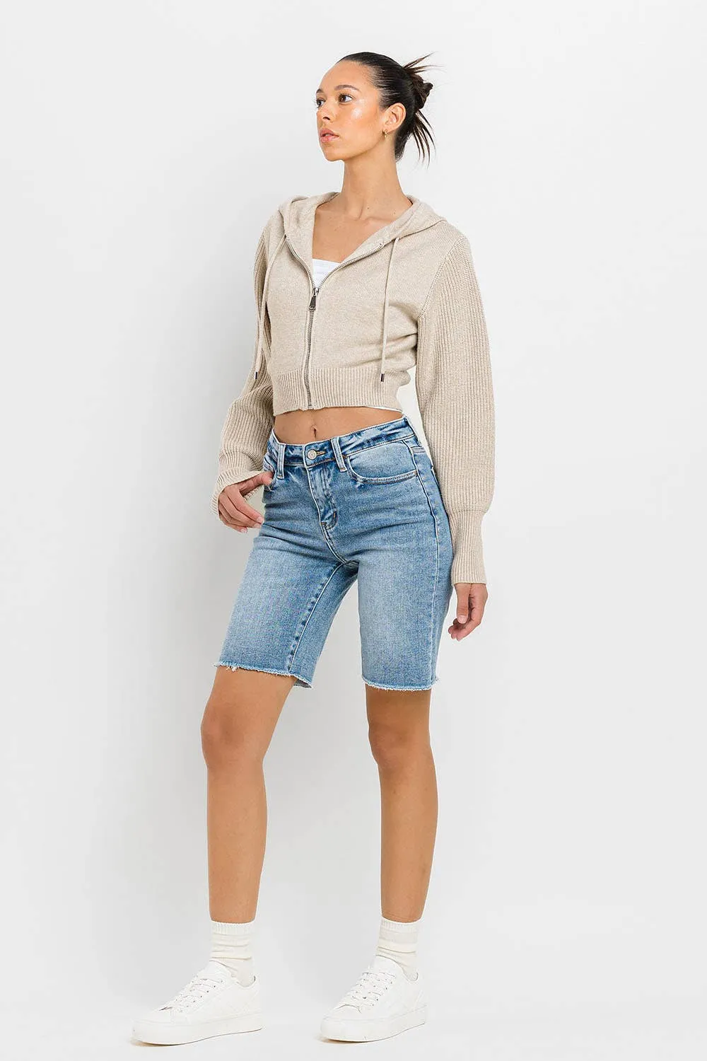 HIGH RISE RAW HEM BERMUDA SHORTS - Vervet