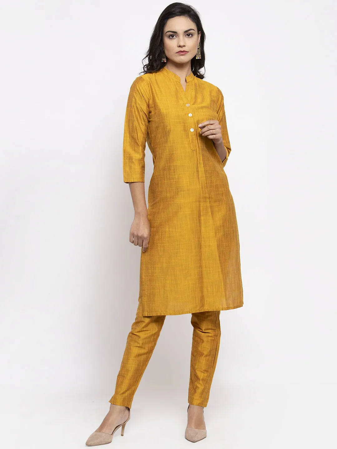 Jashvi Women Yellow Self-Striped Kurta with Trousers & Art Silk Printed Dupatta