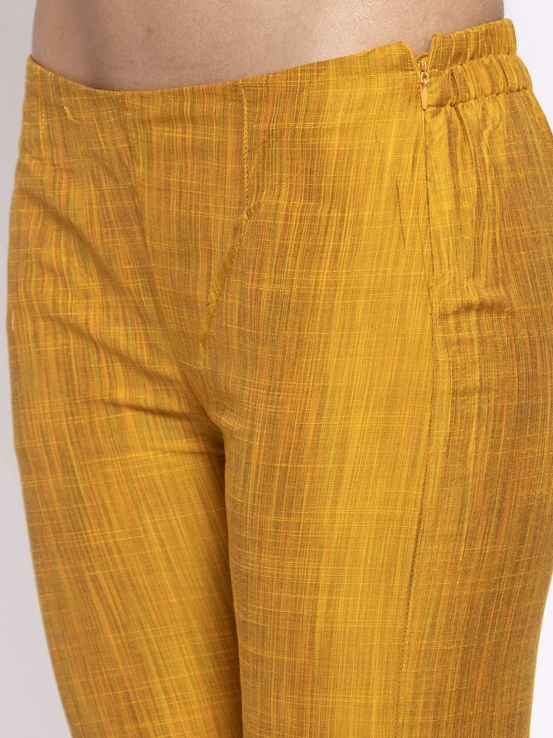 Jashvi Women Yellow Self-Striped Kurta with Trousers & Art Silk Printed Dupatta