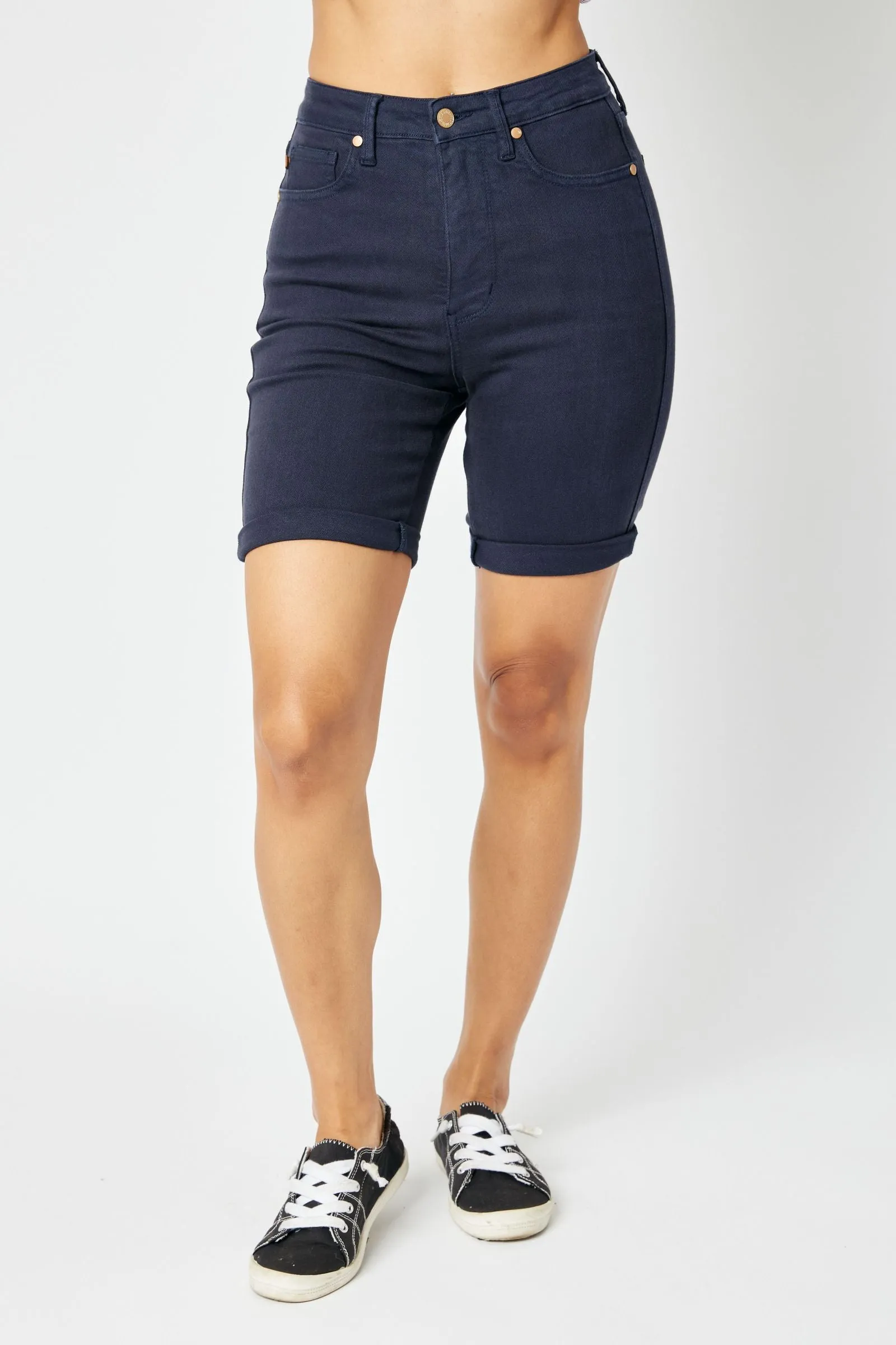 Judy Blue Reg/Plus High Waist Tummy Control Garment Dyed Navy Denim Bermuda Shorts