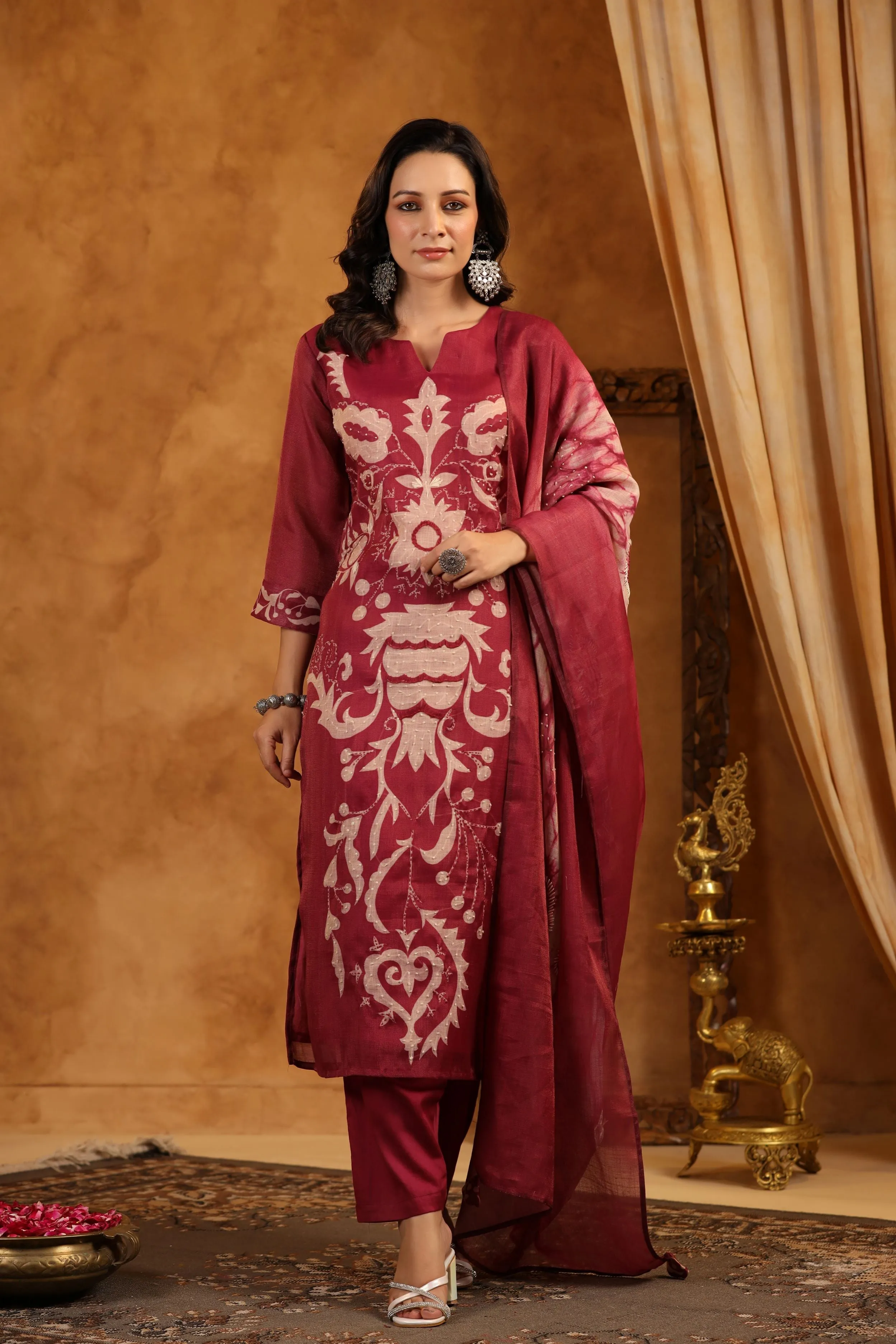 Maroon Embroidered Shimmer Linen Kurta Pants Set