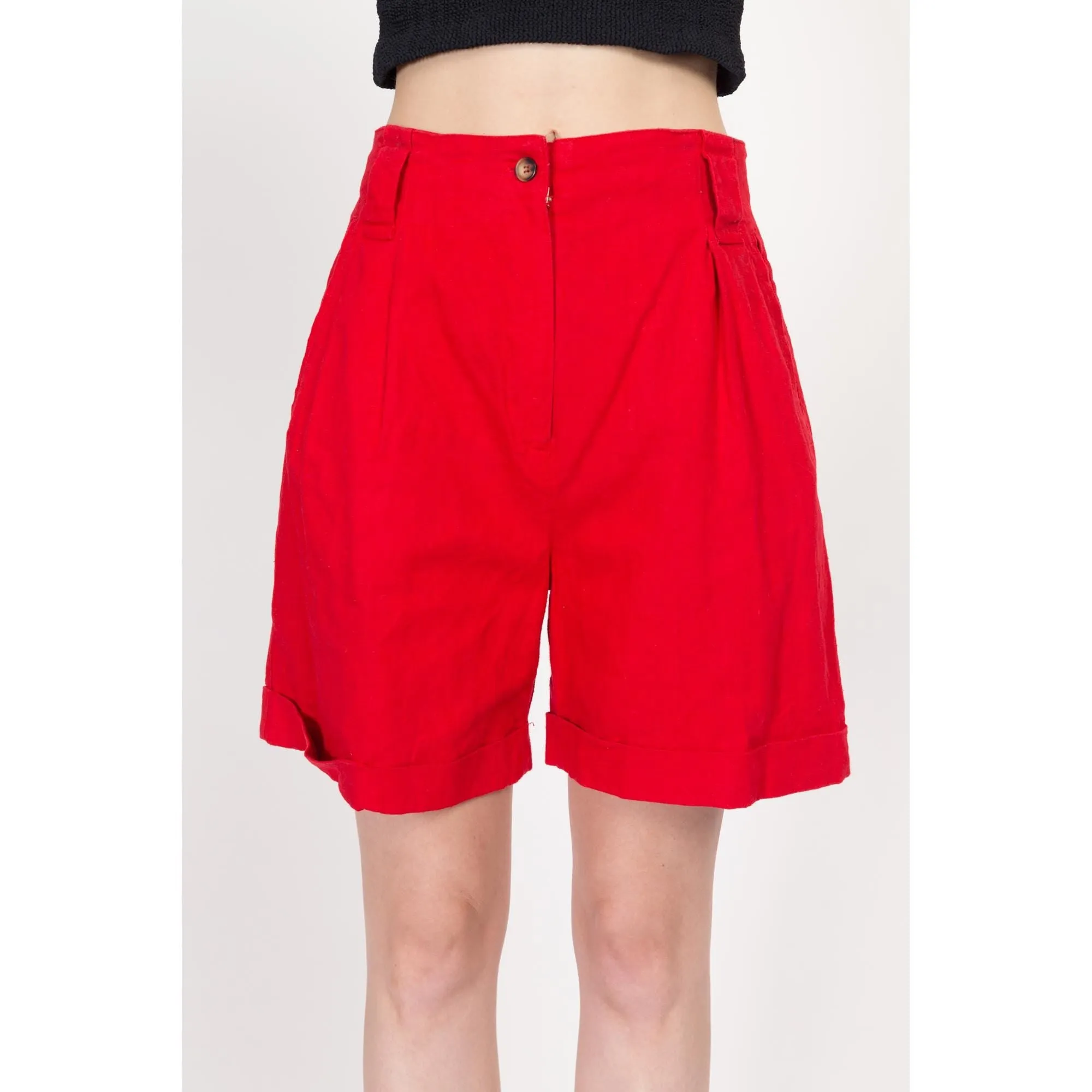 Medium 80s Red High Waisted Linen Blend Shorts 28"