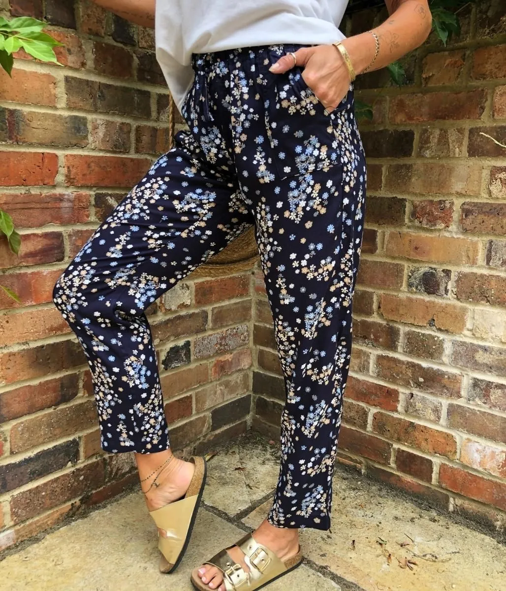 Navy Flower Print Linen Blend Trousers