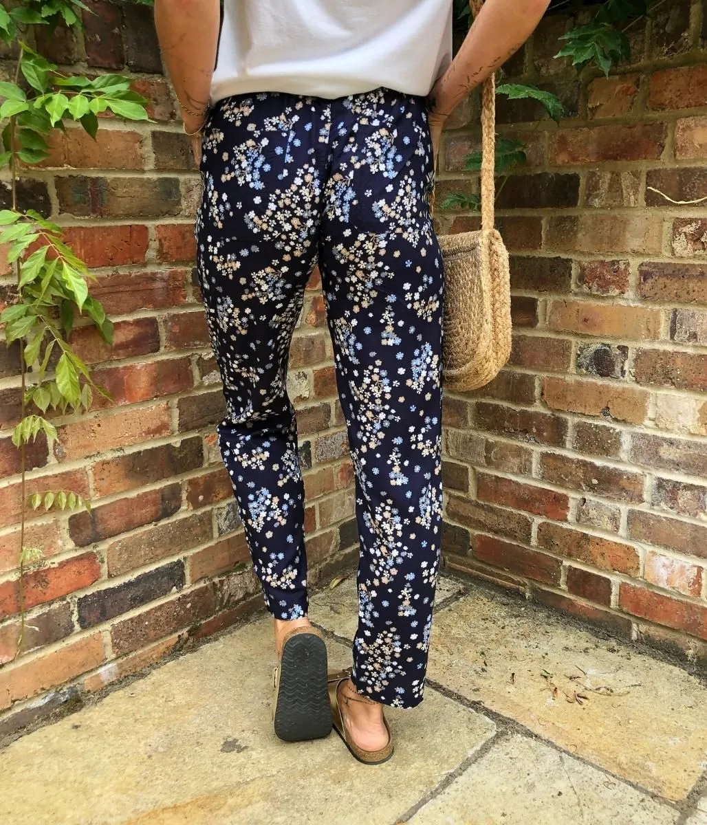 Navy Flower Print Linen Blend Trousers