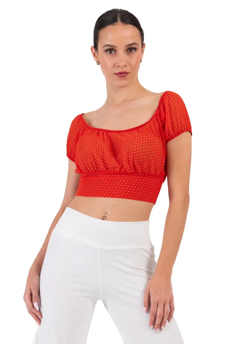 Orange Polka Dot Ruffled Off-The-Shoulder Crop Top