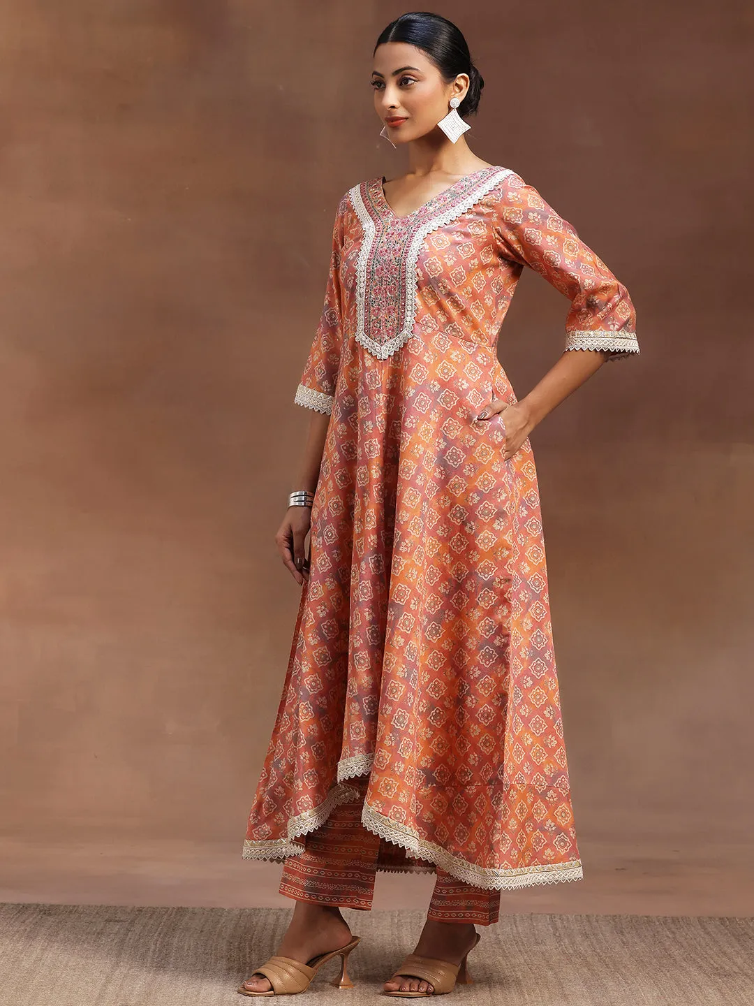 Peach Printed Silk Blend A-Line Kurta With Trousers & Dupatta