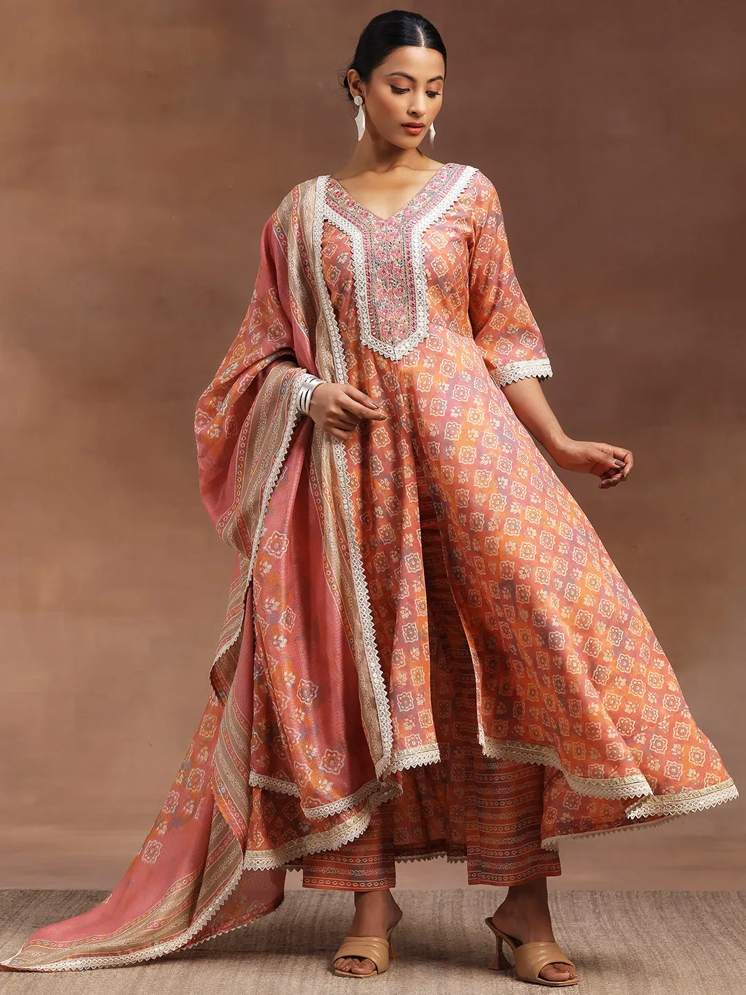 Peach Printed Silk Blend A-Line Kurta With Trousers & Dupatta