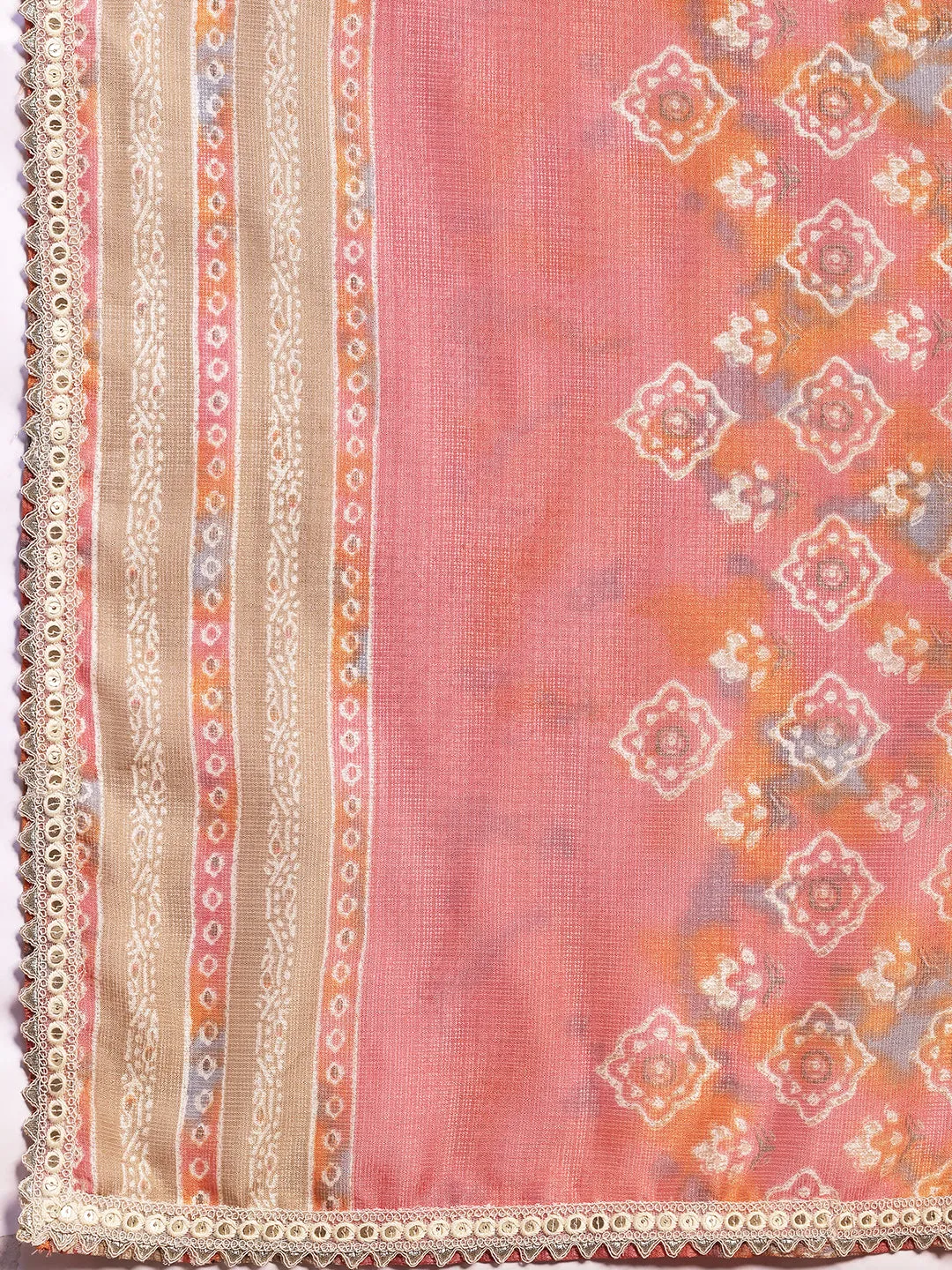 Peach Printed Silk Blend A-Line Kurta With Trousers & Dupatta