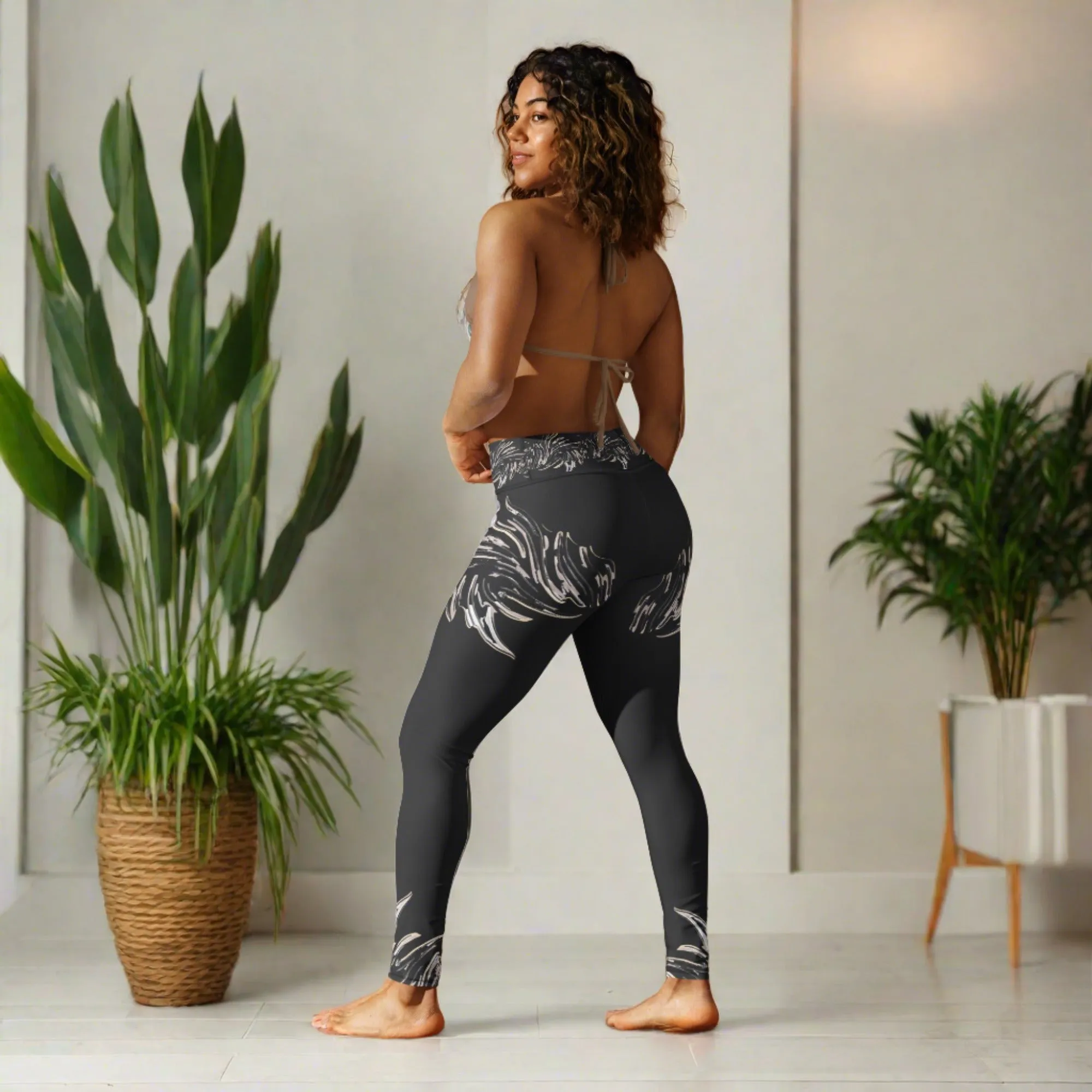 Performance Yoga Leggings for Women - Dark Gray with Phoenix Wing Print