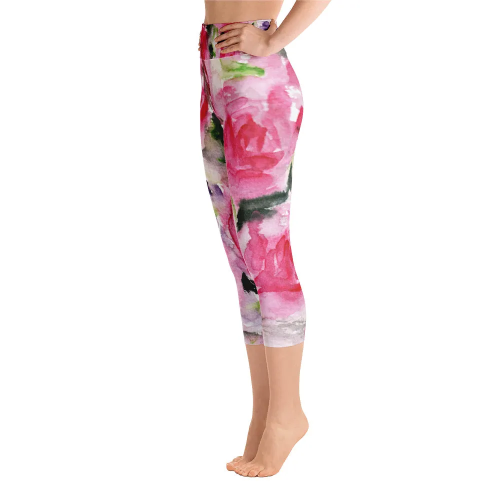 Pink Floral Women's Capri Leggings, Pink Flower Rose Designer Capris Yoga Pants - Made in USA/MX/EU