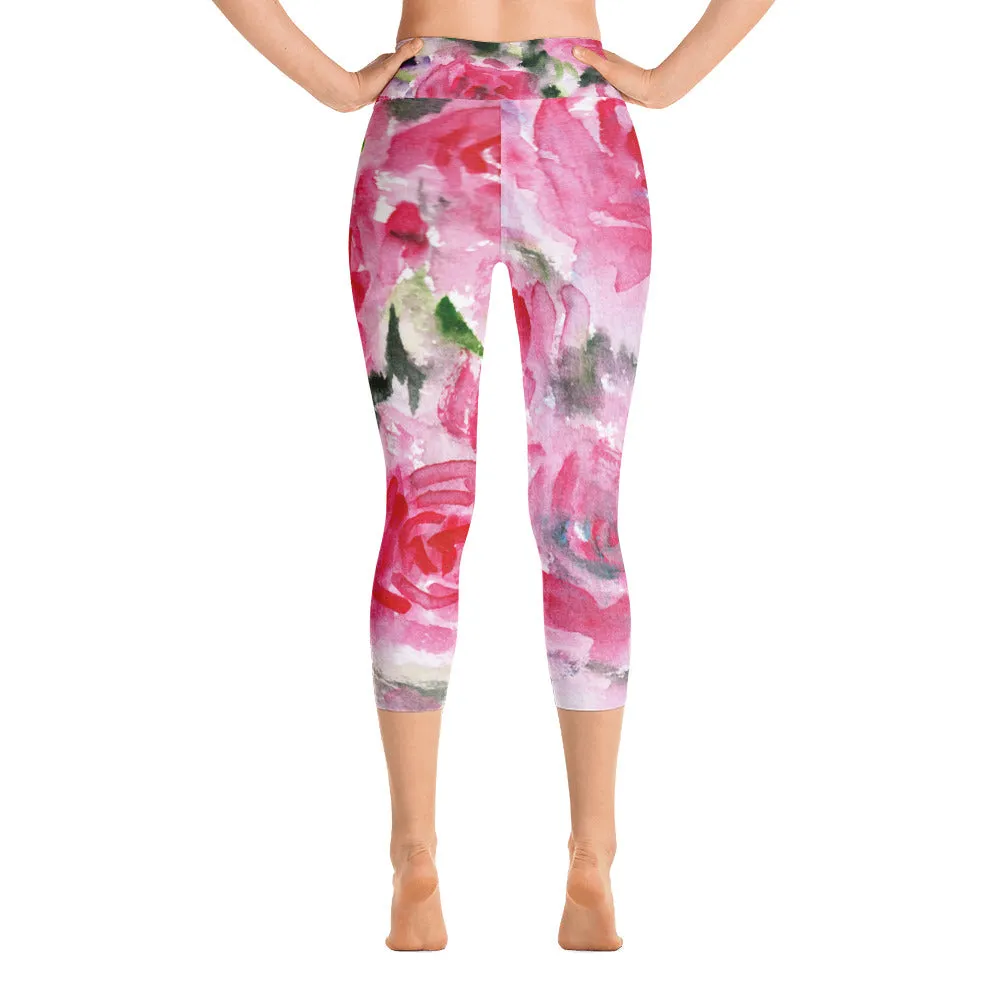 Pink Floral Women's Capri Leggings, Pink Flower Rose Designer Capris Yoga Pants - Made in USA/MX/EU