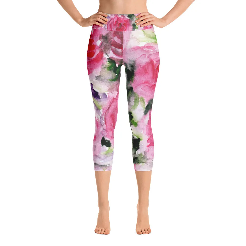 Pink Floral Women's Capri Leggings, Pink Flower Rose Designer Capris Yoga Pants - Made in USA/MX/EU