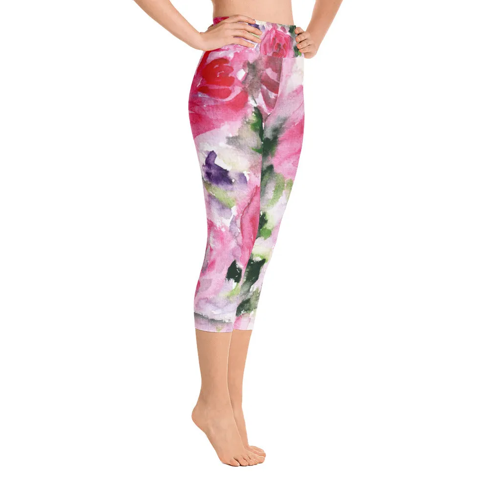 Pink Floral Women's Capri Leggings, Pink Flower Rose Designer Capris Yoga Pants - Made in USA/MX/EU