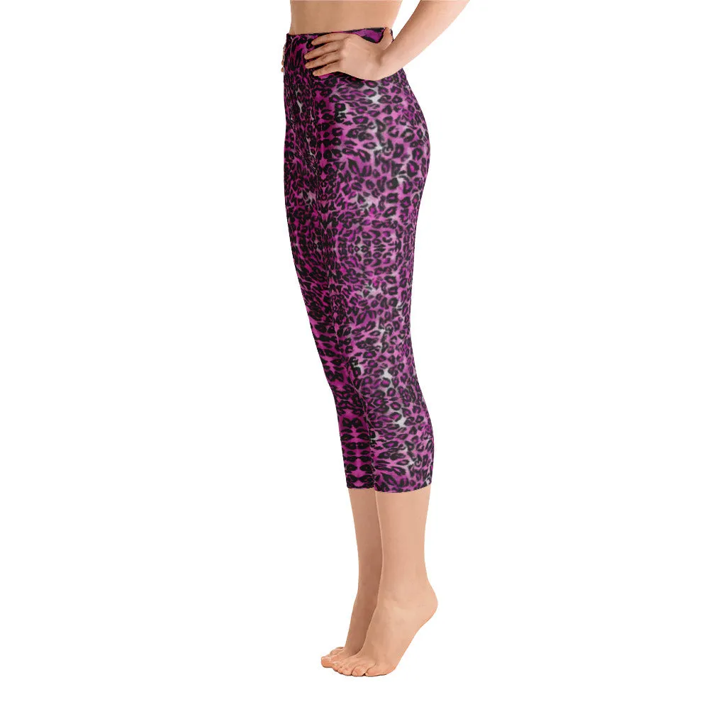 Pink Leopard Yoga Capri Leggings, Leopard Animal Print Women's Capris Tights-Made in USA/EU/MX